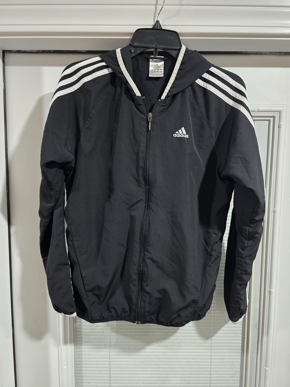 adidas Black Hooded Windbreaker with White Stripes
